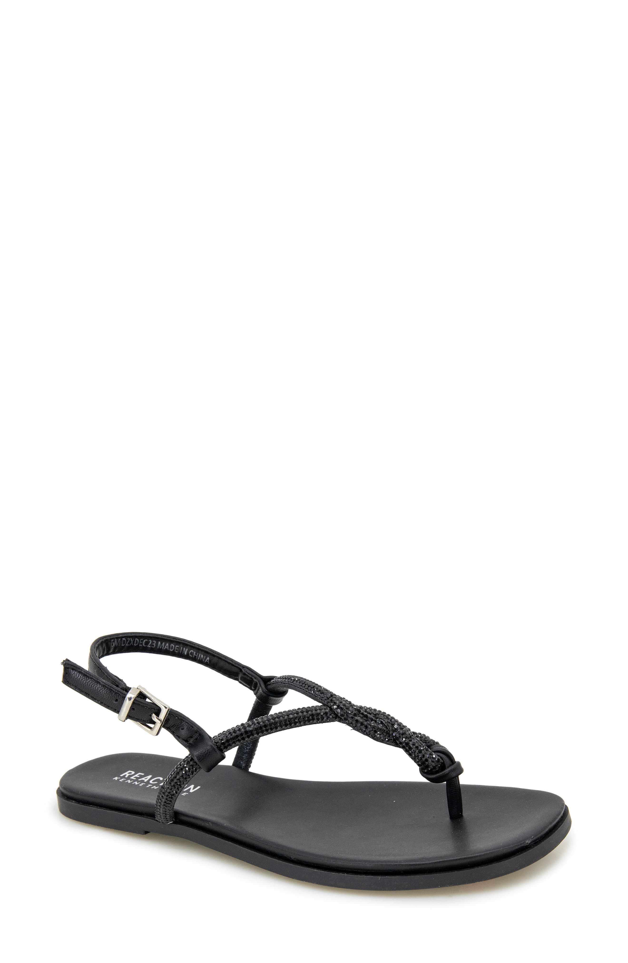 Reaction Kenneth Cole Whitney Crystal Strap Flat Sandal, Main, color, Black Metallic