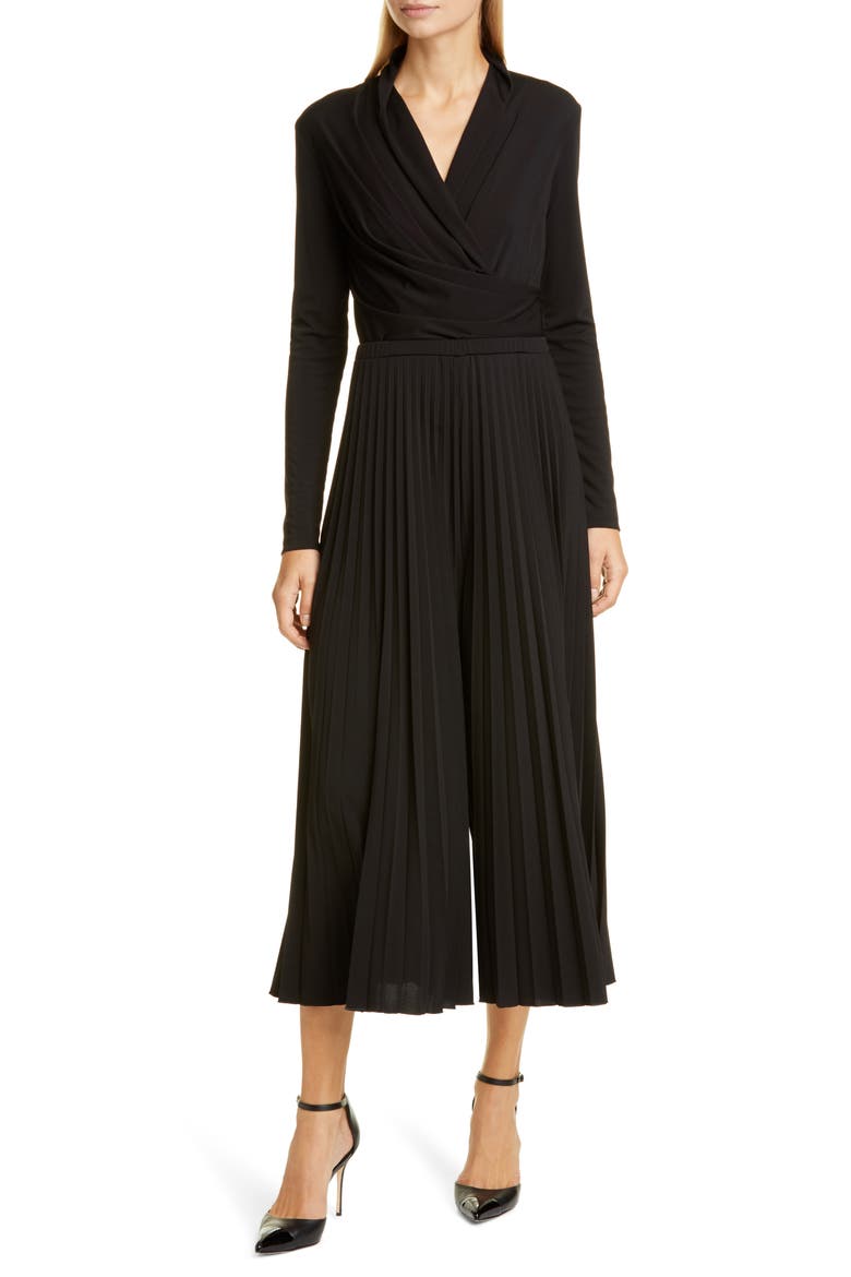 Vieste Long Sleeve Pleated Wide Leg Jersey Jumpsuit, Main, color, BLACK