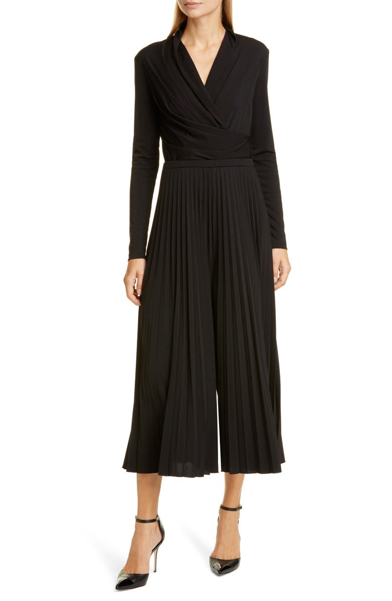 Max Mara Vieste Long Sleeve Pleated Wide Leg Jersey Jumpsuit, Main, color, 