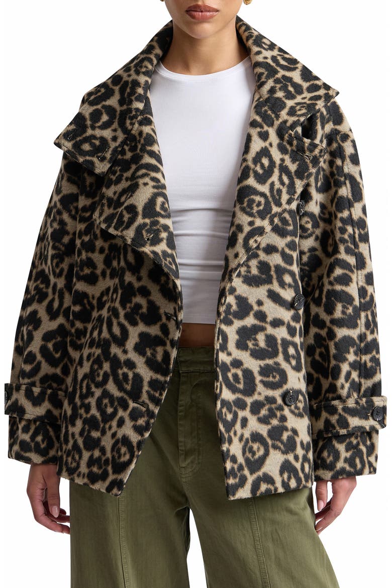 Leopard Print Funnel Neck Cocoon Coat, Alternate, color, BEIGE/ BROWN LEOPARD
