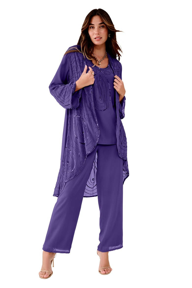 Plus Size Beaded Georgette Scoop Neck 3-Piece Pant Set, Main, color, MIDNIGHT VIOLET