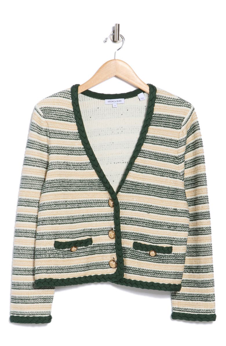 Veronica Beard Claudine Stripe Linen Blend Knit Jacket, Alternate, color, Ivory/ Hunter Green/ Khaki