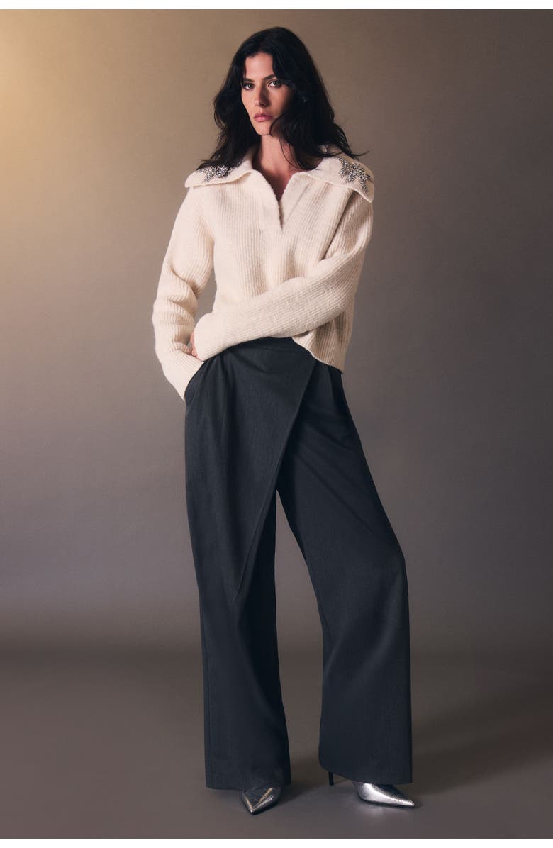 Karen Millen Embellished Collar V Neck Knit Sweater, Alternate, color, Cream