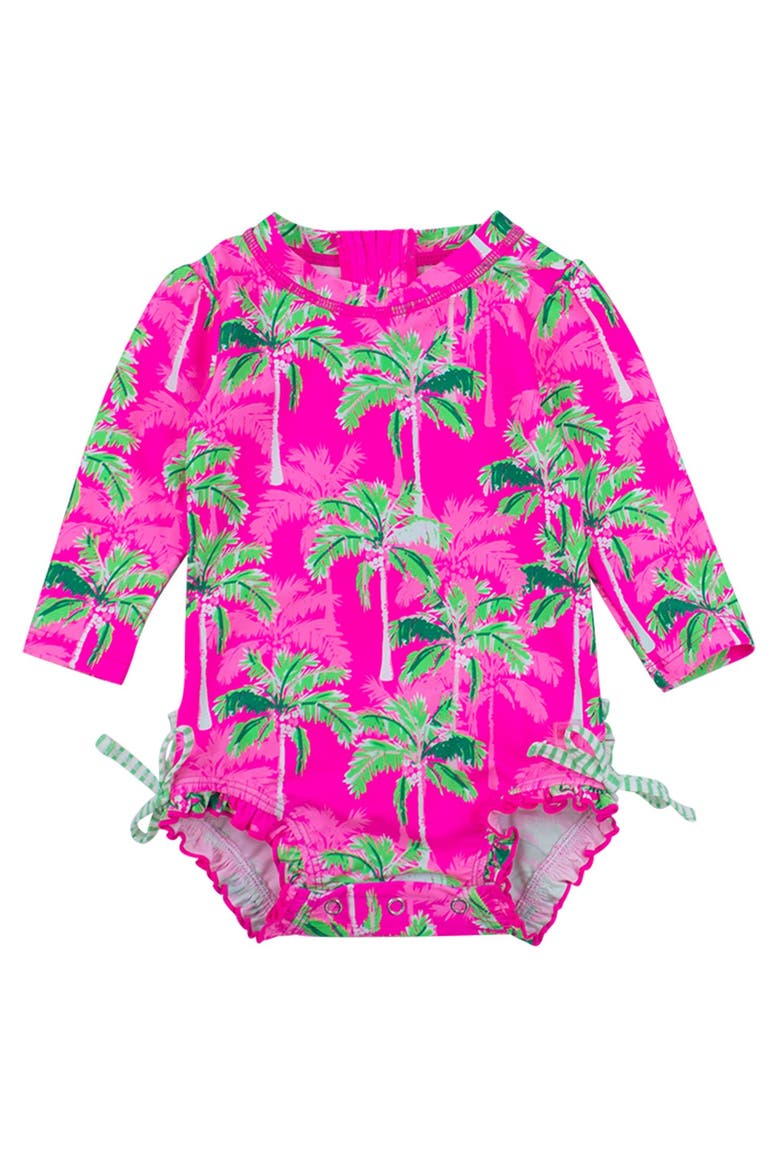 Baby Girls Tropical Long Sleeve UPF50+ One Piece Rash Guard, Main, color, Neon Palm Paradise