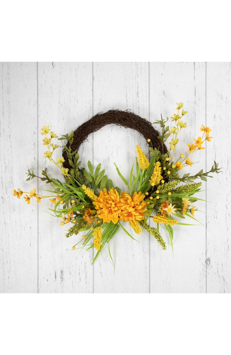 Northlight Peonies and Berries Floral Artificial Fall Harvest Twig Half Wreath - 22", Alternate, color, Yellow