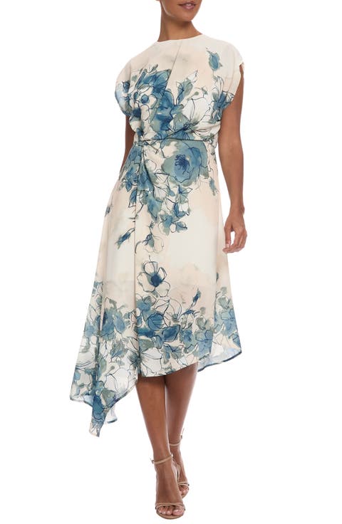 Placed Floral Cap Sleeve Asymmetric Hem Midi Dress