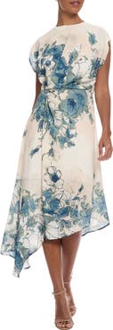 Maggy London Placed Floral Cap Sleeve Asymmetric Hem Midi Dress