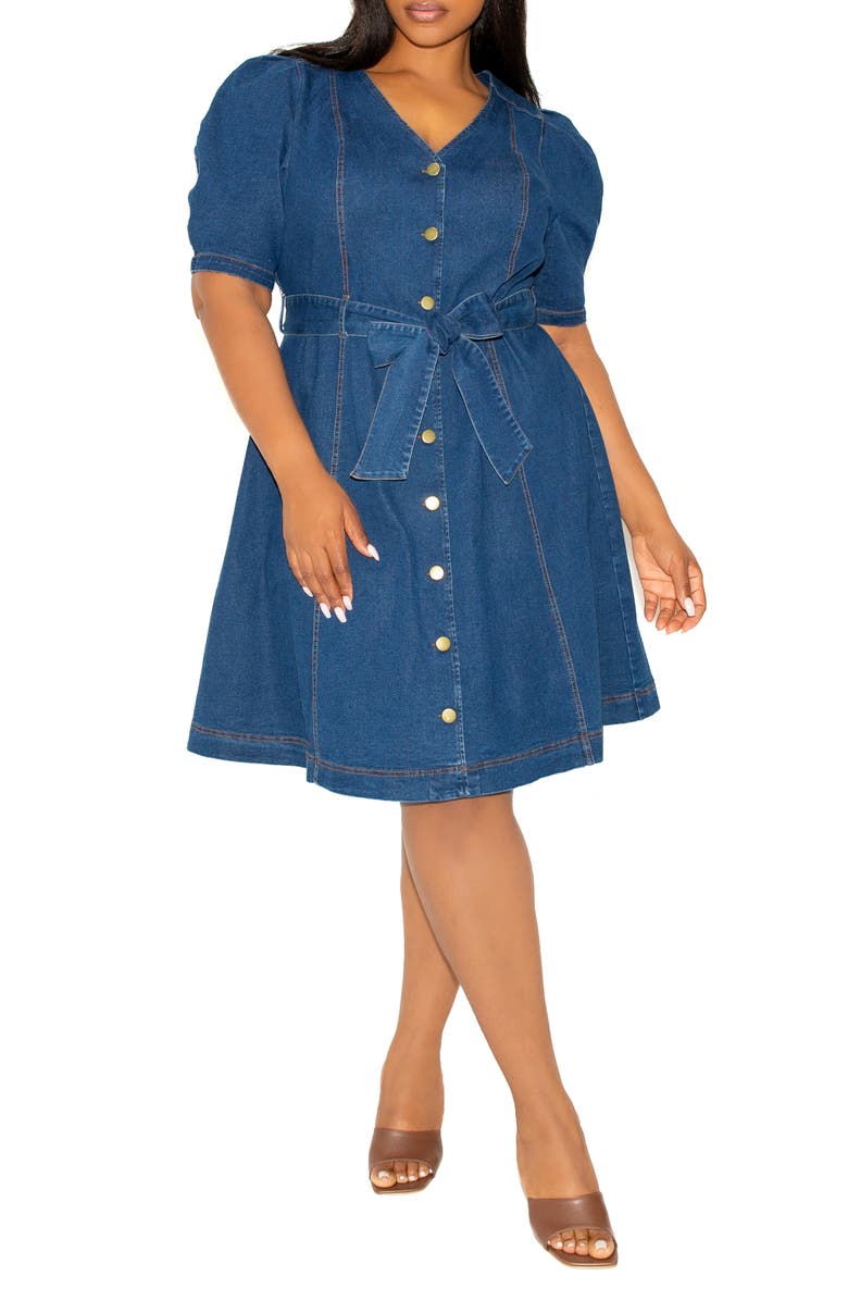 BUXOM COUTURE Puff Sleeve Tie Belt Denim Shirtdress, Main, color, Denim Blue