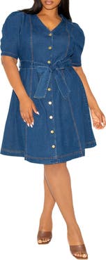 BUXOM COUTURE Puff Sleeve Tie Belt Denim Shirtdress