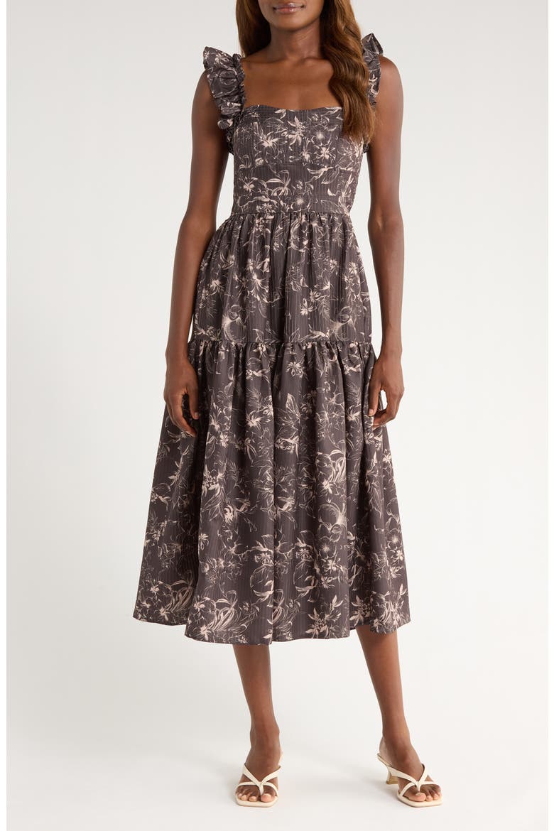 Print Flutter Strap Midi Dress, Main, color, BROWN