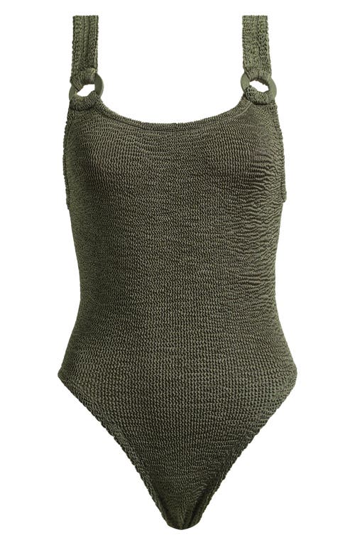 Hunza G Domino Ring-detailed Seersucker One-piece Swimsuit In Metallic Khaki