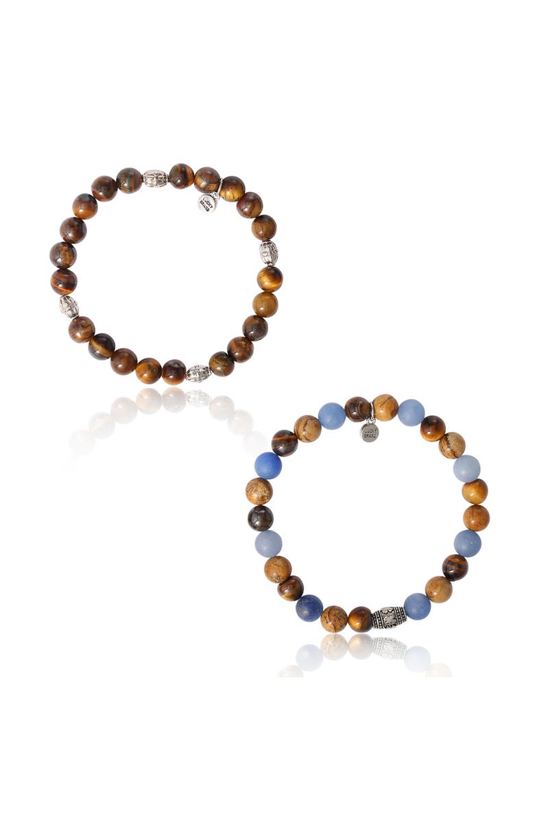 Lucky Brand Tiger's Eye & Sodalite Beaded Stretch Bracelets, Main, color, Brown, Blue, Silver
