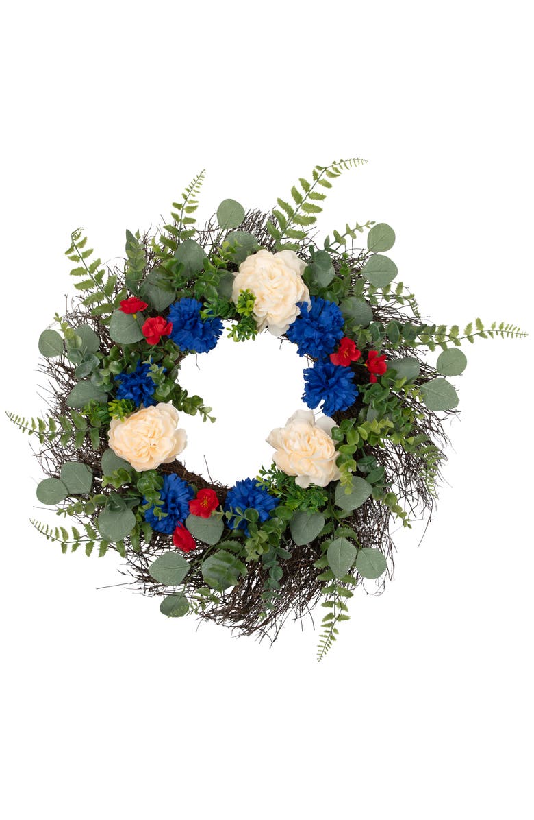 Northlight Americana Mixed Foliage and Florals Artificial Patriotic Wreath - 24"- Unlit, Main, color, Red