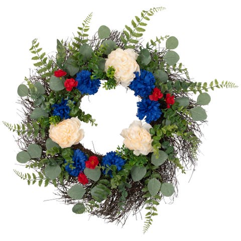 Americana Mixed Foliage and Florals Artificial Patriotic Wreath - 24"- Unlit