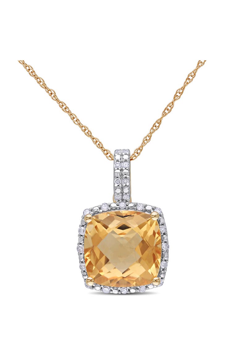 Gemstone & Diamond Cushion Halo Necklace 10K, Main, color, Citrine