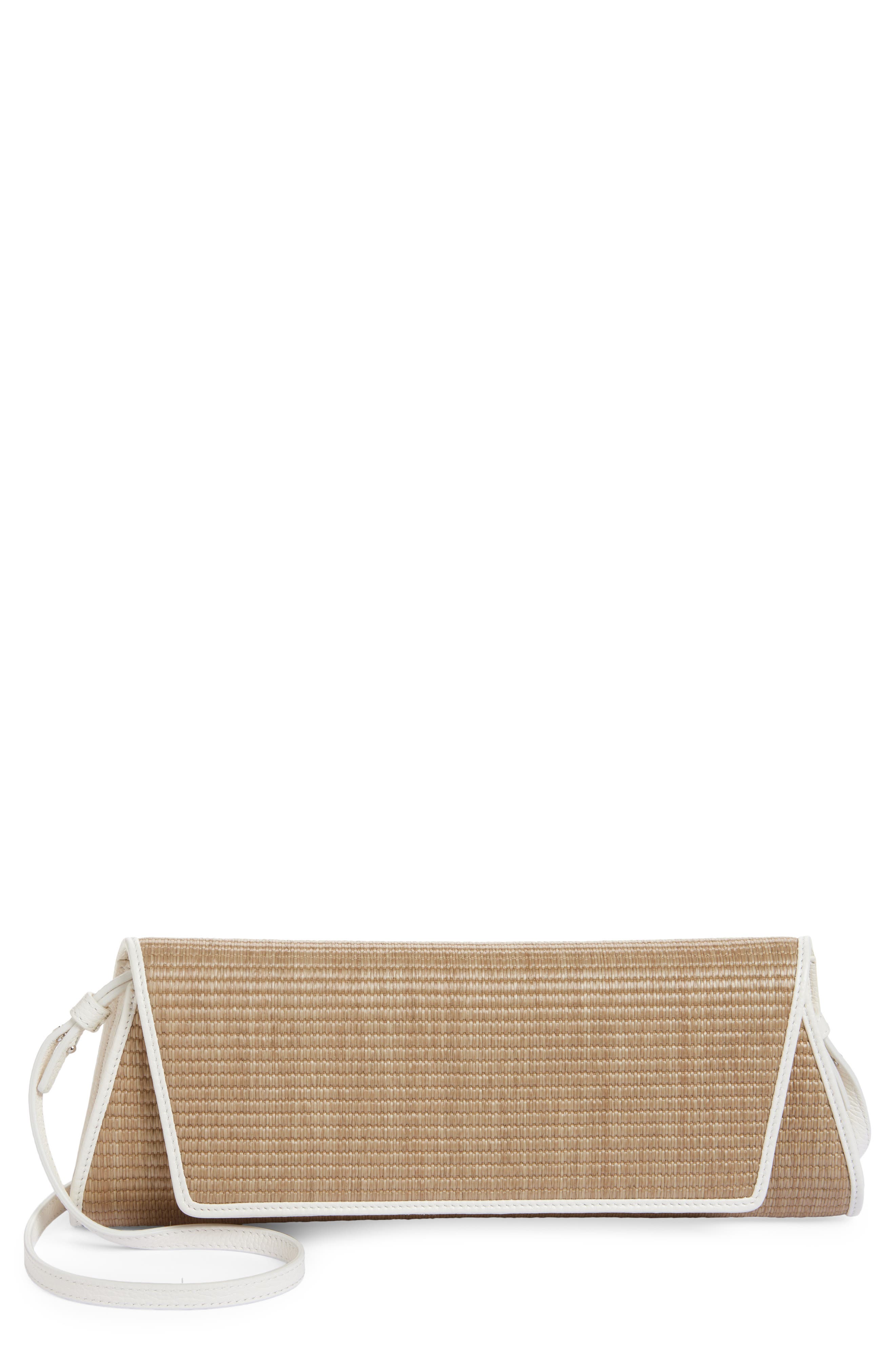 Akris Small Anouk East/West Trapezoid Raffia & Leather Clutch, Main, color, Nature-White