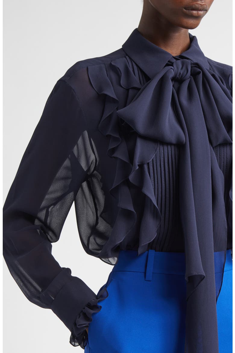 Ruffle Tie Neck Silk Georgette Shirt, Alternate, color, INK