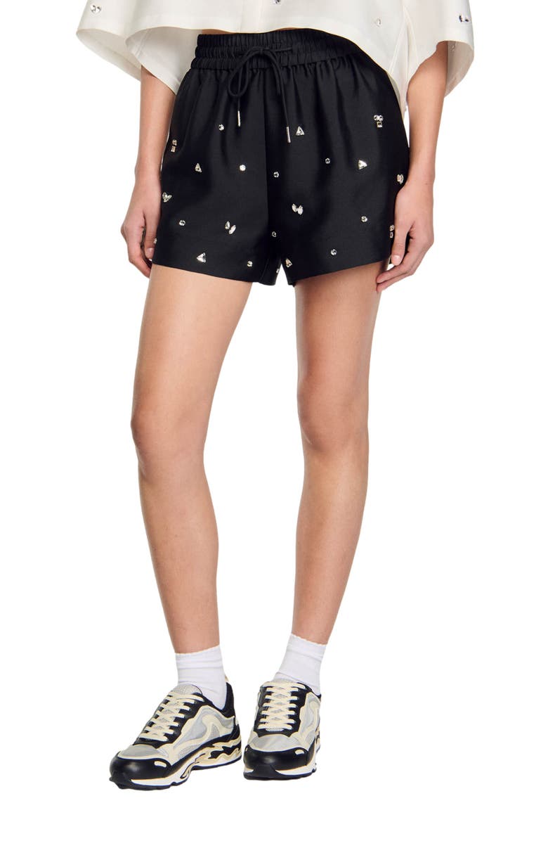 SANDRO Rhinestone wide-leg shorts, Alternate, color, 