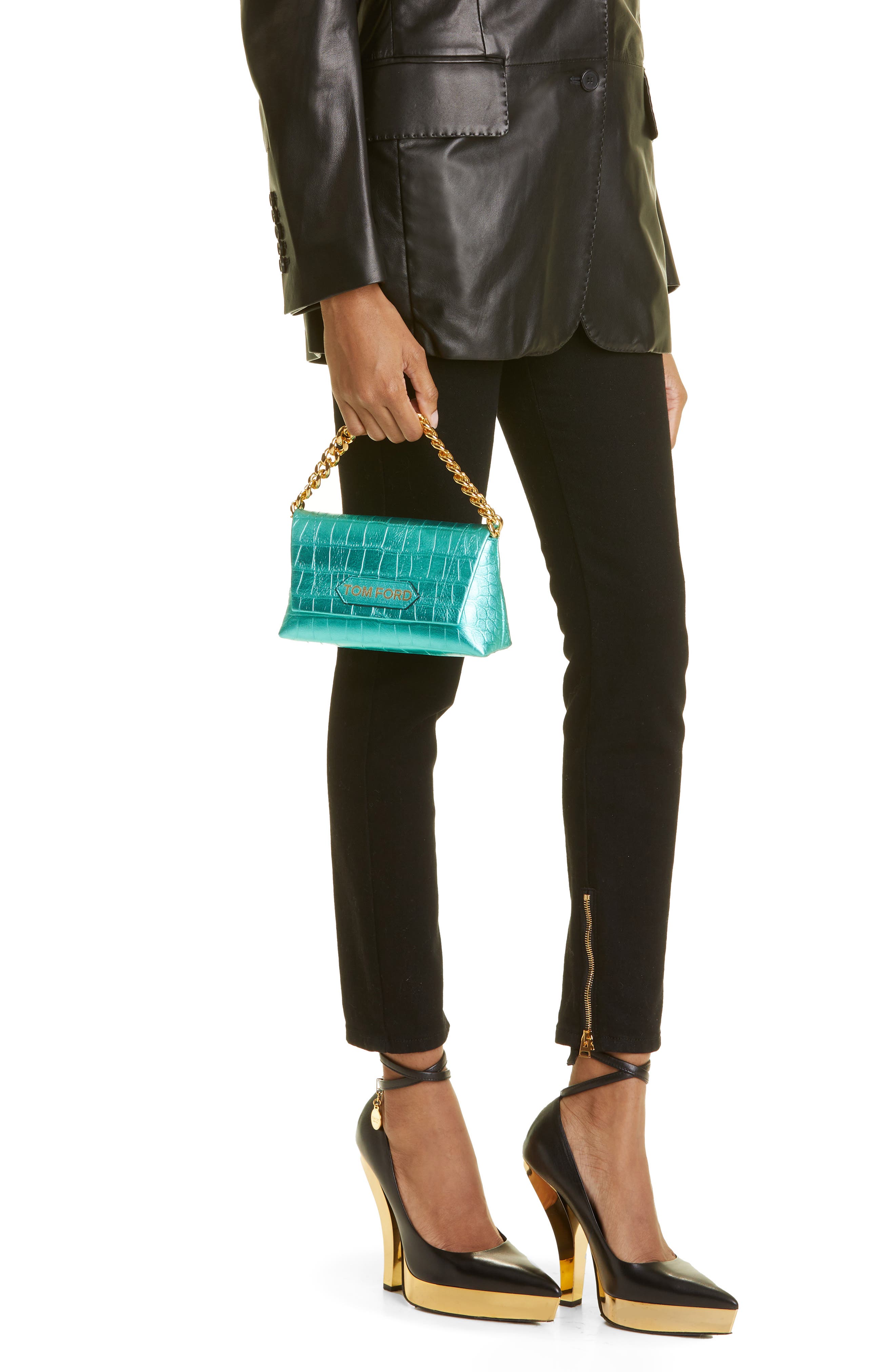 TOM FORD Mini Metallic Croc Embossed Leather Shoulder Bag, Alternate, color, 