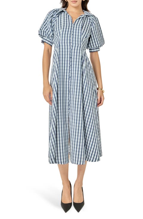 Gingham Puff Sleeve Midi Shirtdress