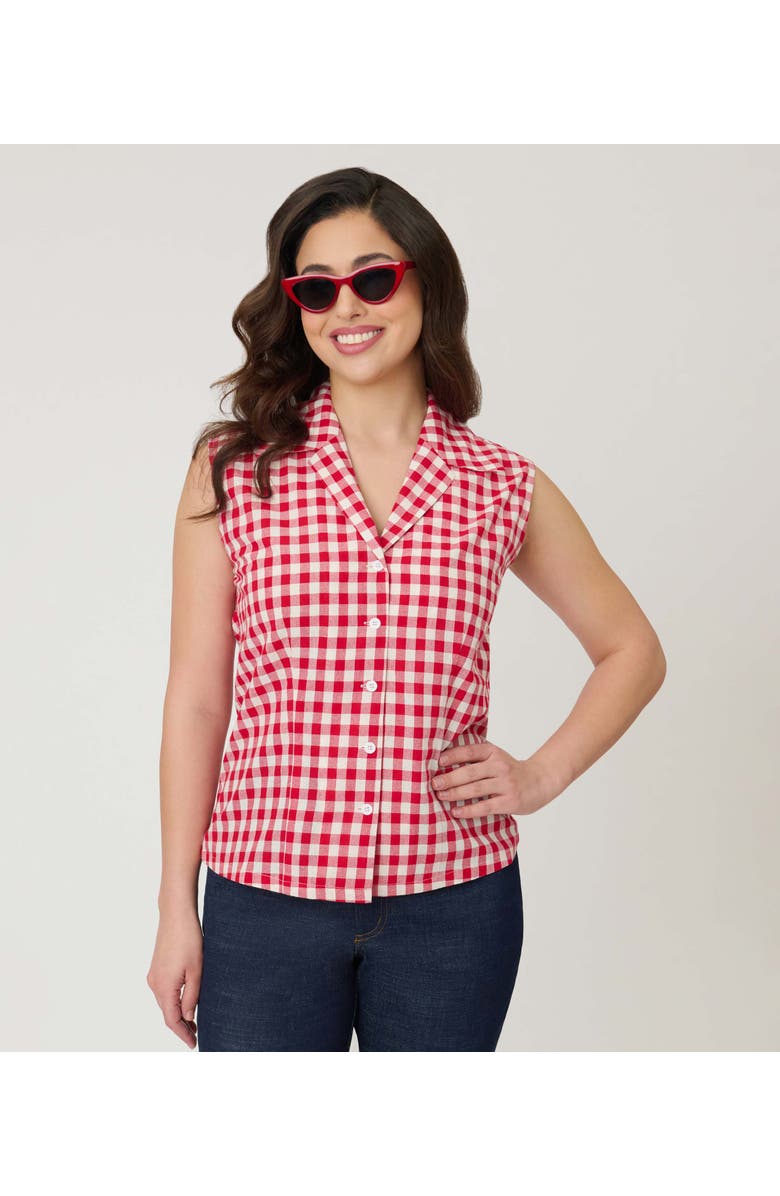 Unique Vintage Notched Collar Cotton Blouse, Alternate, color, Red Gingham