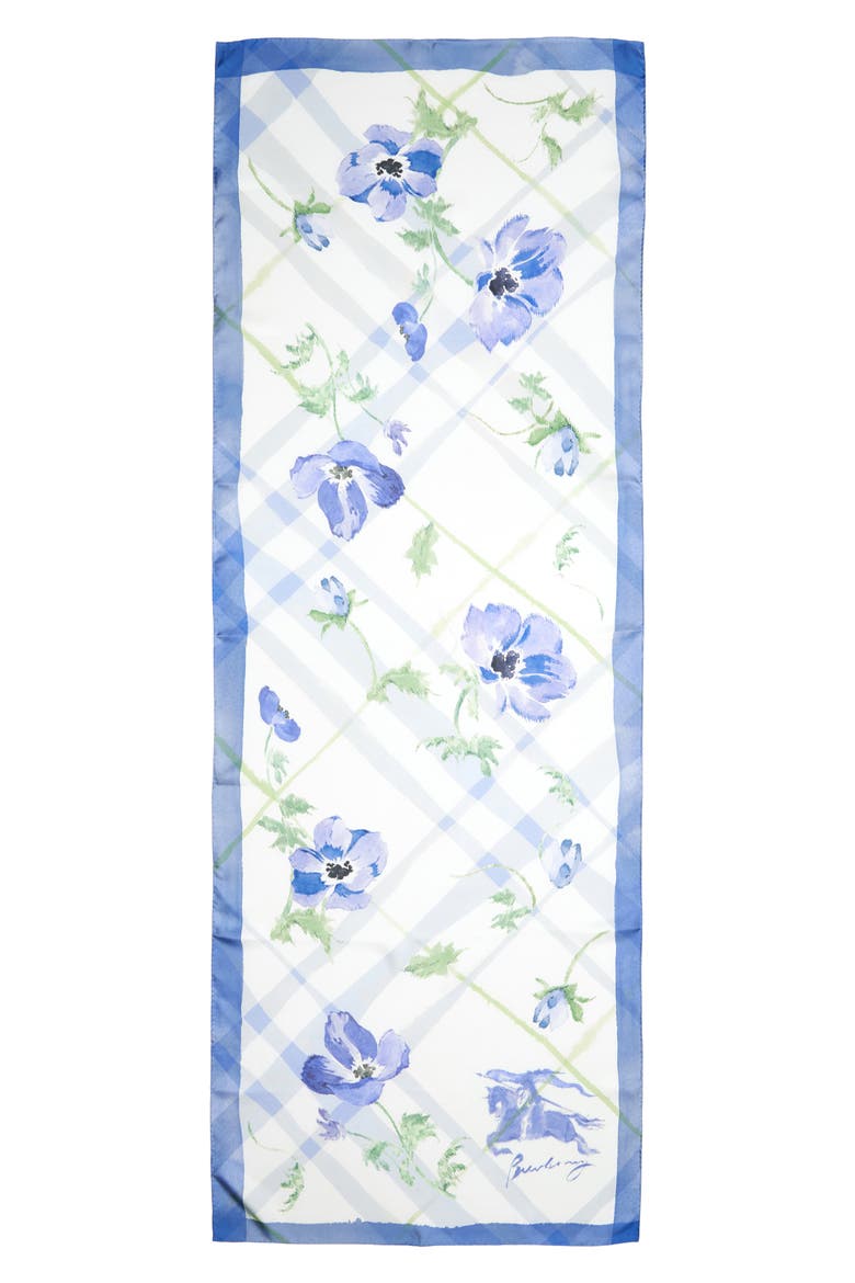 Anemone Watercolor Check Silk Scarf, Main, color, CORNFLOWER BLUE