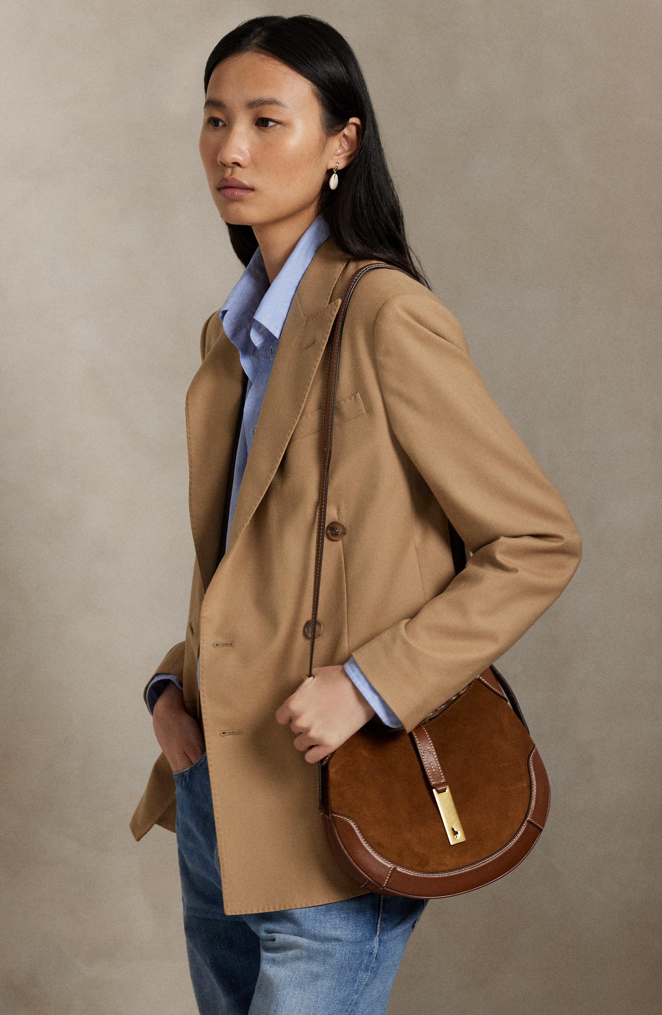 Polo Ralph Lauren Small Suede & Leather Shoulder Bag, Alternate, color, 