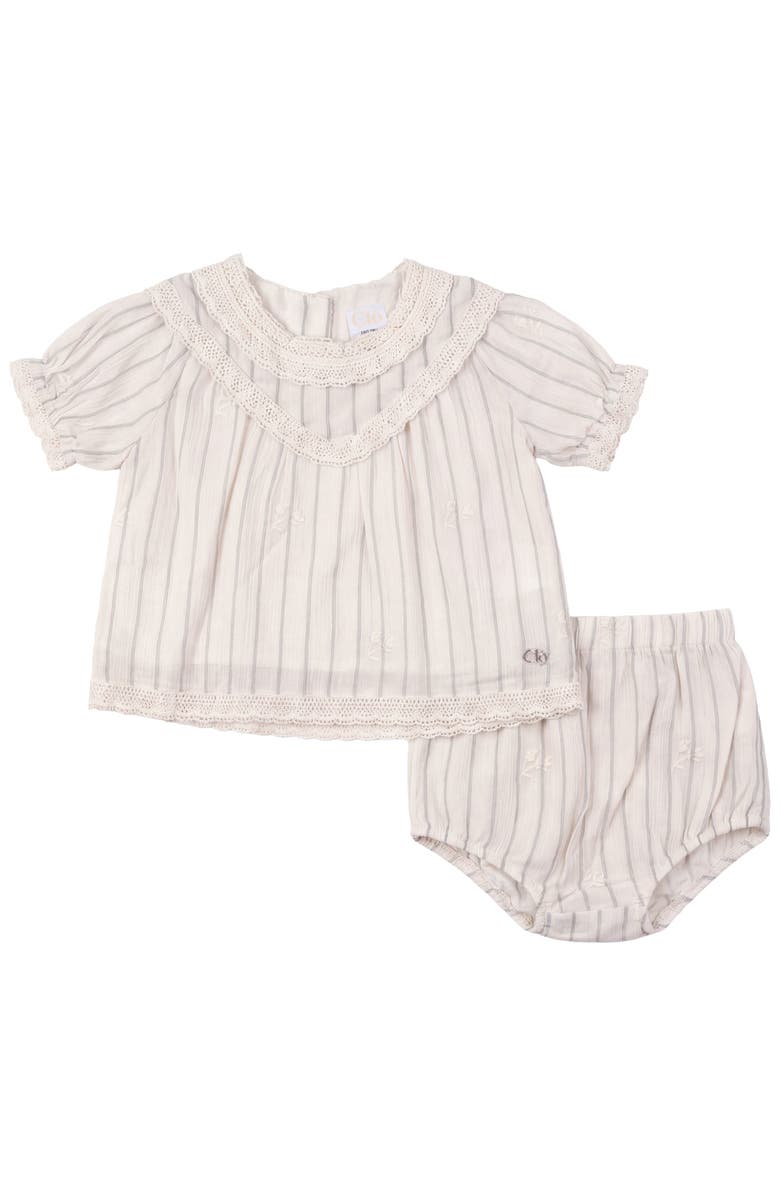 Clô Stripe and Floral Woven Short Sleeve Top and Bloomer Set, Main, color, Cream/Dark Green