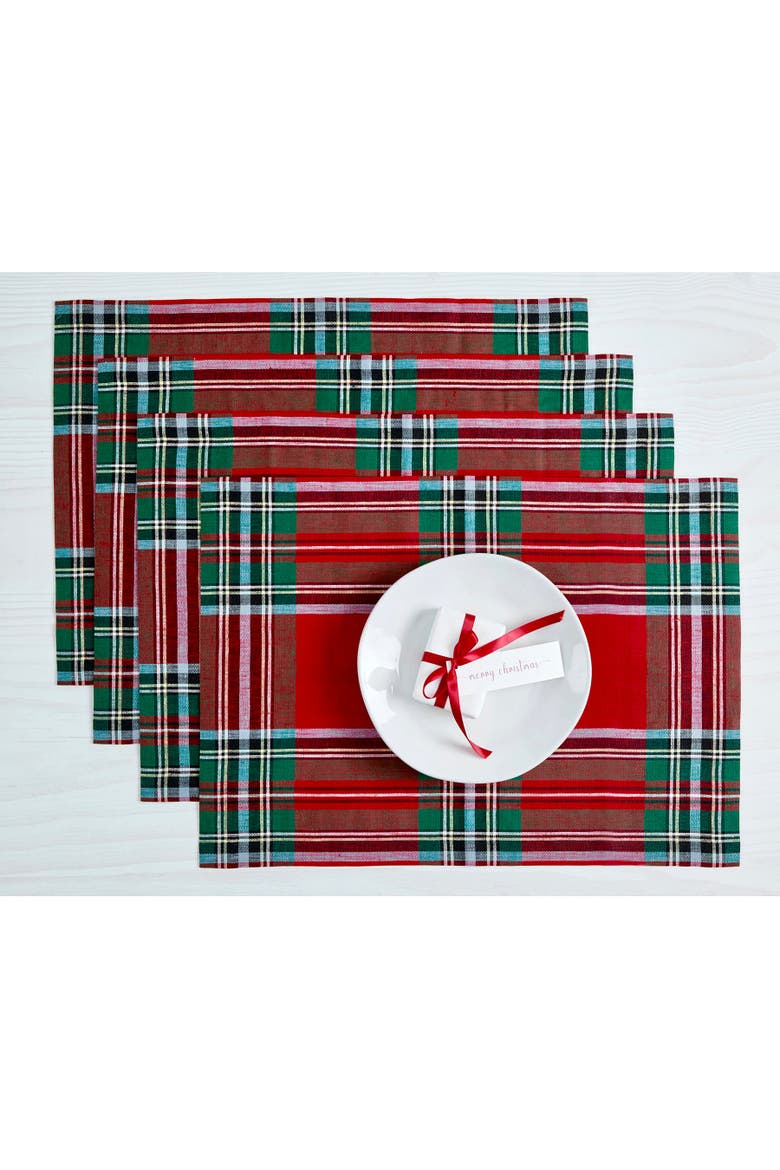 Linen Placemats Set of 4, 14 x 19" - Madras Holiday Plaid, Main, color, Red