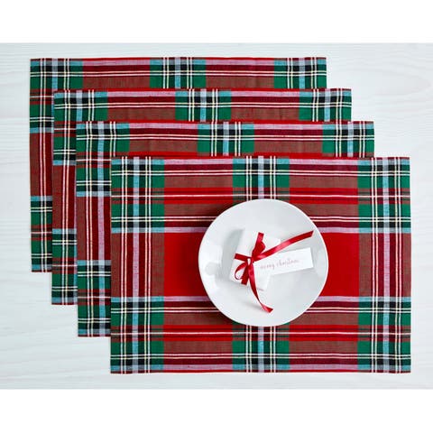 Linen Placemats Set of 4, 14 x 19 Inch for Dining Table, Holiday and Everyday Table Decor - Madras Holiday Plaid
