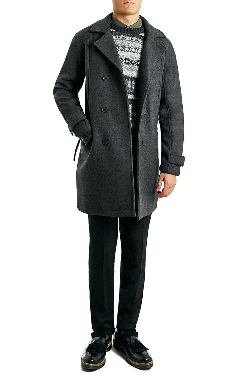 Topman Charcoal Wool Blend Trench Coat, Alternate, color,