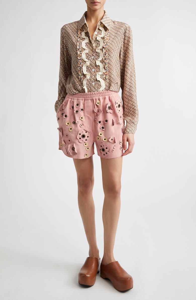 Marni Ruffle Appliqué Silk Crêpe de Chine Button-Up Shirt, Alternate, color, Brown/ Antique White