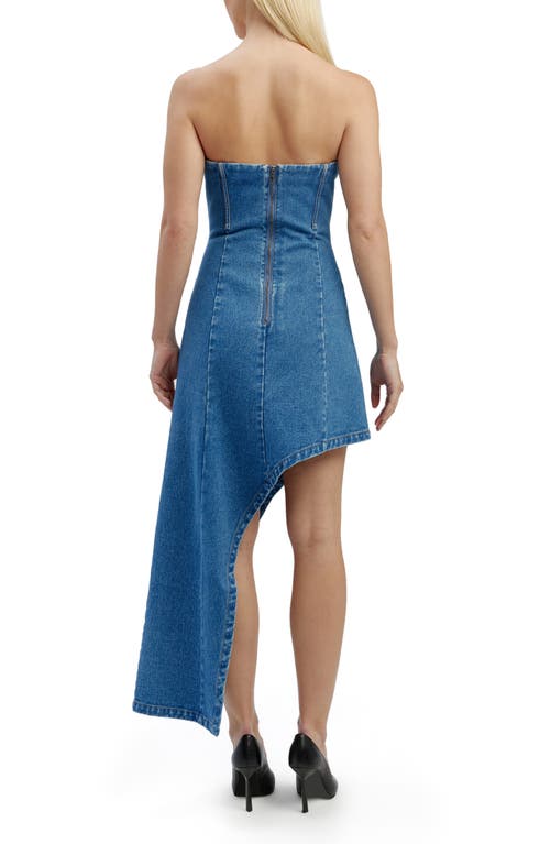 Bardot Amory Strapless Asymmetric Hem Corset Denim Dress In Vintage Blue