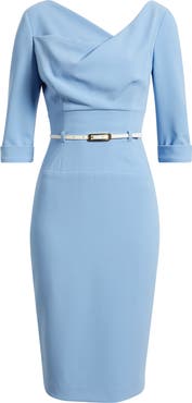 Black Halo Belted Drape Neck Sheath Dress