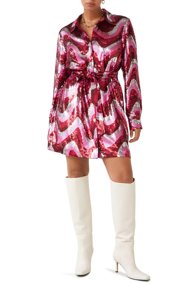 Sequin Swirl Shirtdress, Main, color, PINK WAVY SEQUINS AOP