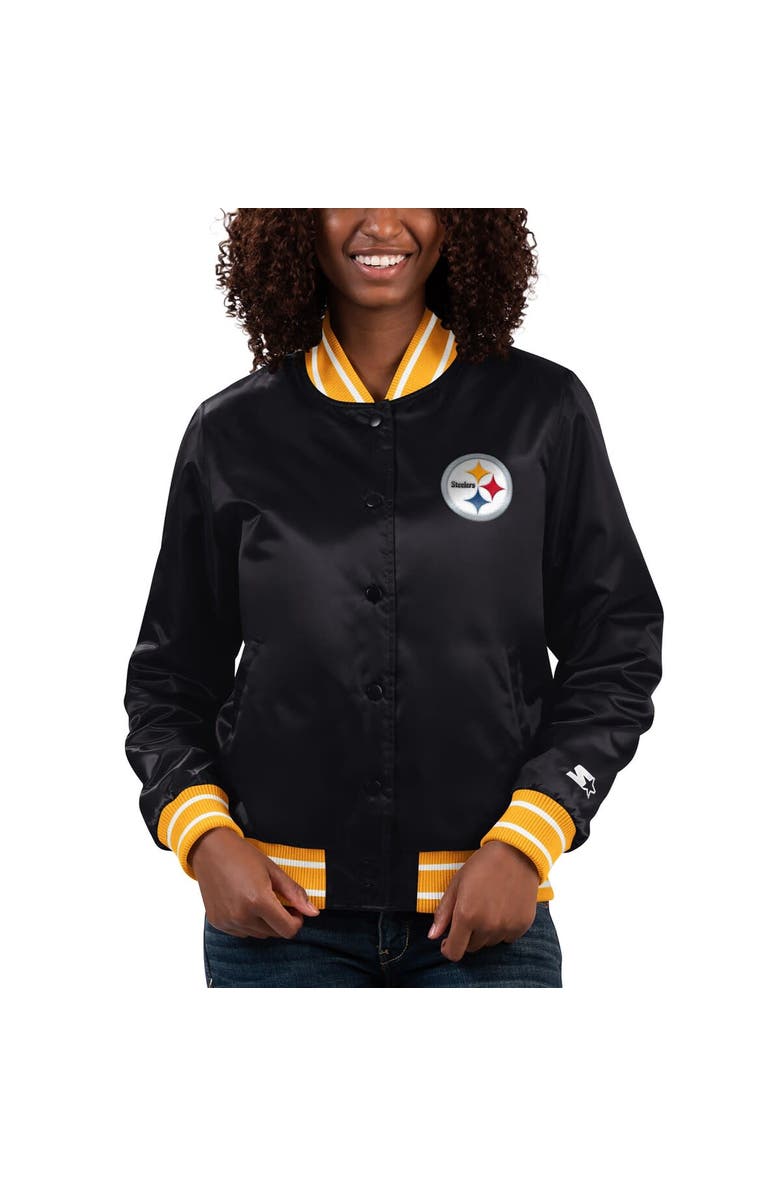STARTER Women's Starter Black Pittsburgh Steelers Full Count Satin Full-Snap Varsity Jacket, Alternate, color,