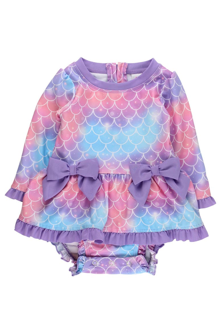 UPF50+ Long Sleeve One Piece Bow Peplum Rash Guard Swimsuit, Main, color, Shimmer Mermaid Tale