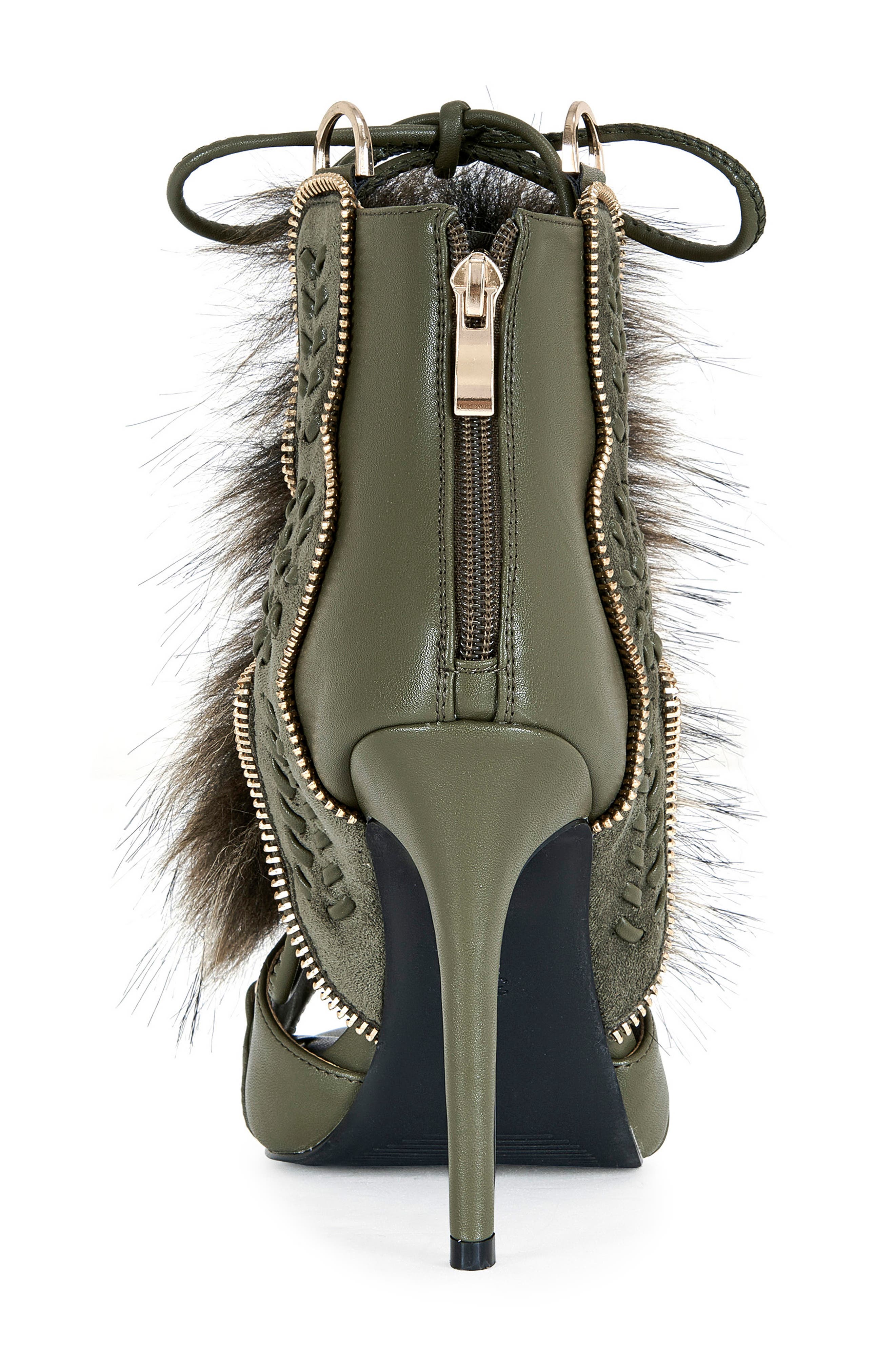 AZALEA WANG Shainy Faux Fur Open Toe Bootie, Alternate, color, Olive