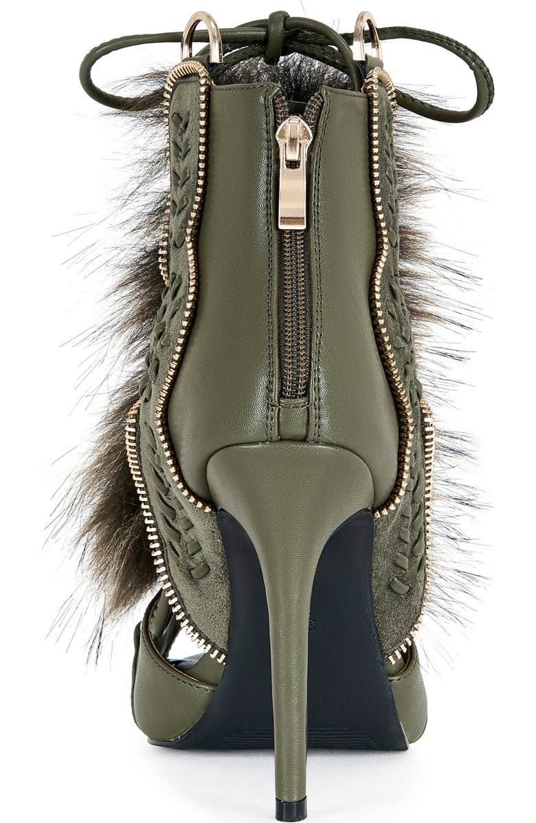 AZALEA WANG Shainy Faux Fur Open Toe Bootie, Alternate, color, Olive