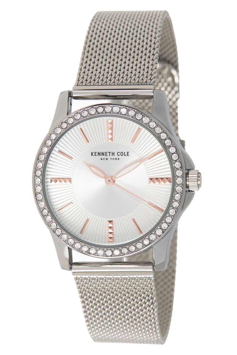 Women's Crystal Encrusted 3-Hand Quartz Mesh Strap Watch, 33.5mm, Main, color, SILVER
