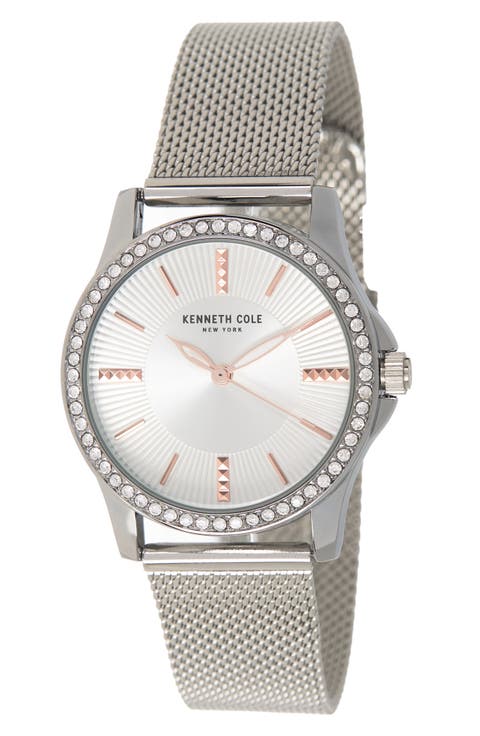Women's Crystal Encrusted 3-Hand Quartz Mesh Strap Watch, 33.5mm