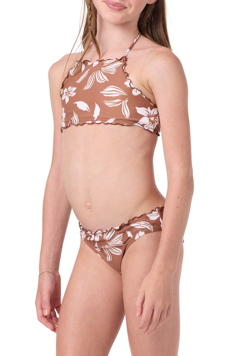 Kids' Nomad Floral Ruffle Two-Piece Swimsuit, Alternate, color, CAROB BROWN