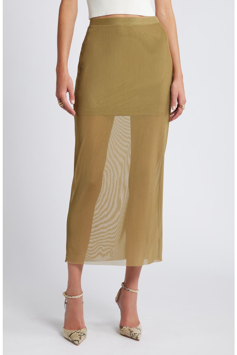 Sheer Mesh Midi Skirt, Main, color, OLIVE BRINE