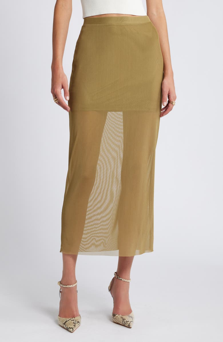 Open Edit Sheer Mesh Midi Skirt, Main, color, Olive Brine