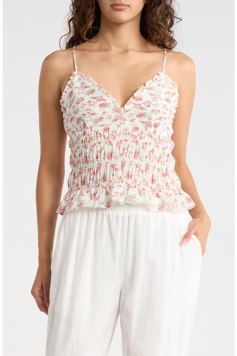 Floral Smocked Cotton Camisole, Main, color, WHITE COMBO