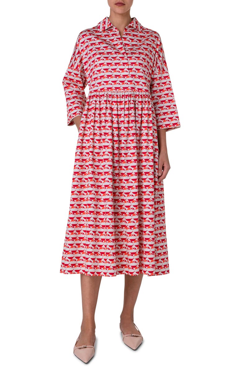 Akris punto Flamingo Dot Print Long Sleeve Cotton Midi Dress, Main, color, 