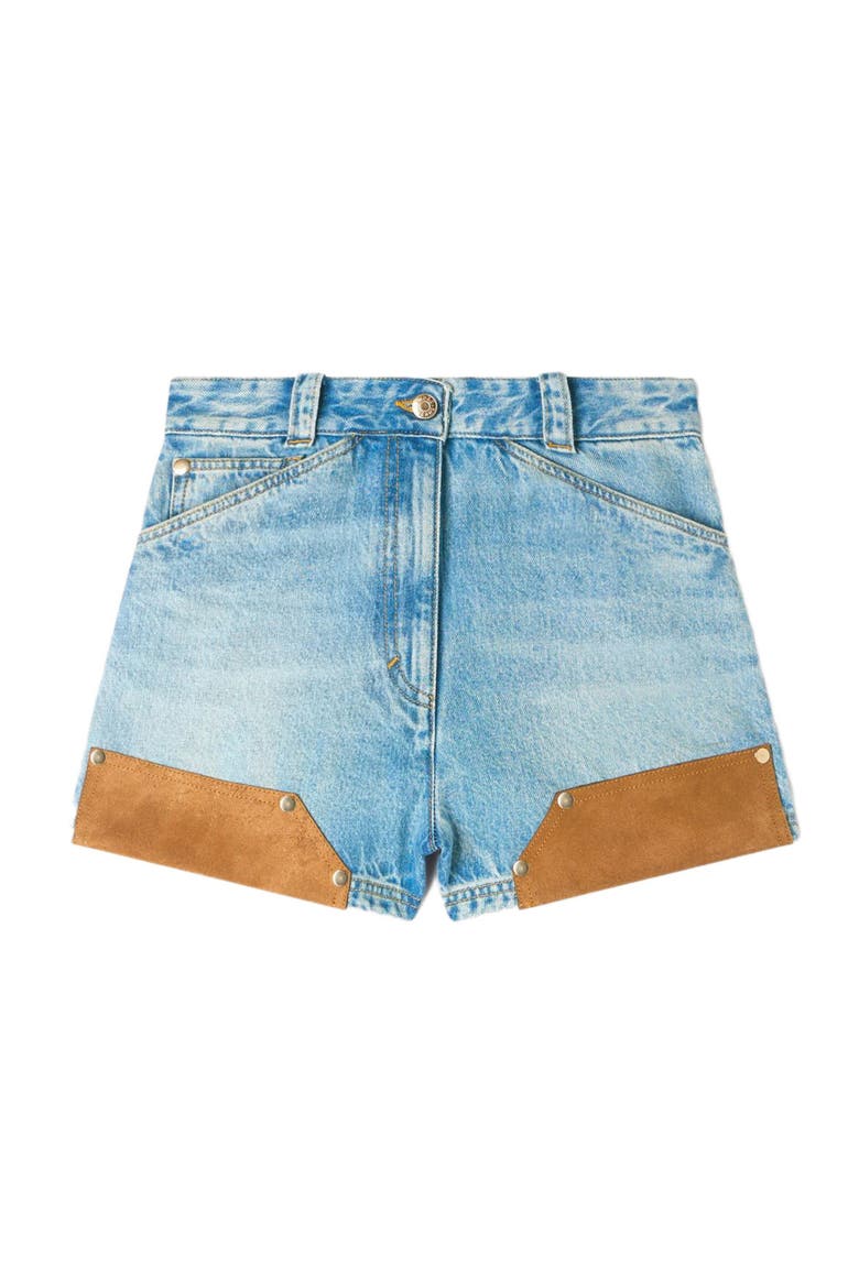 Denim and suede shorts with rivets, Alternate, color, Light bu jean