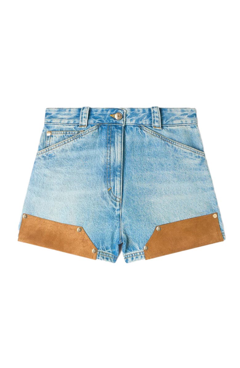 SANDRO Denim and suede shorts with rivets, Alternate, color, Light Bu Jean