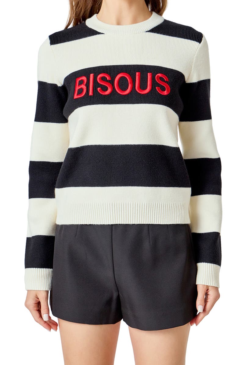 Endless Rose Bisous Stripe Sweater, Main, color, Black/ Cream
