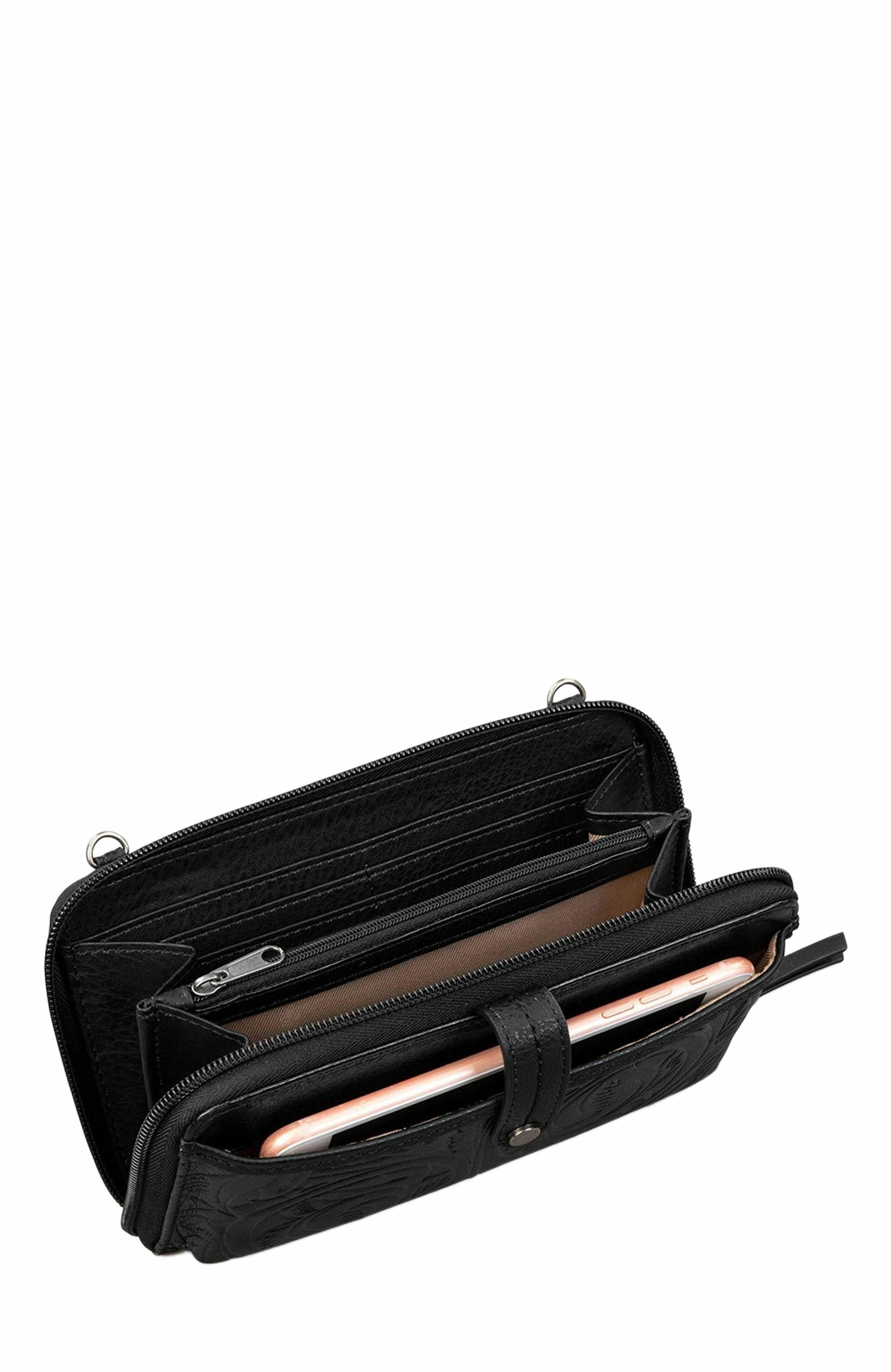 The Sak Iris Smartphone Crossbody Bag, Alternate, color, Black Leaf Emboss